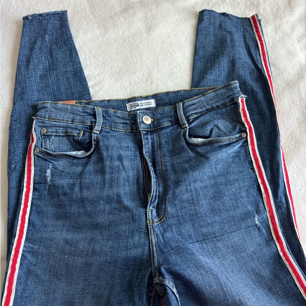 Zara Blue Skinny Jeans with Red Stripe
